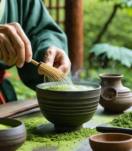 Japanese tea master performing a traditional matcha ceremony, showcasing ceremonial tools like a bamboo whisk and bowl, in a tranquil garden setting.