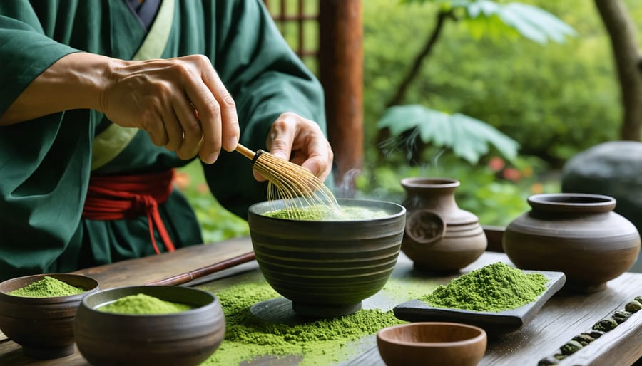 Japanese tea master performing a traditional matcha ceremony, showcasing ceremonial tools like a bamboo whisk and bowl, in a tranquil garden setting.