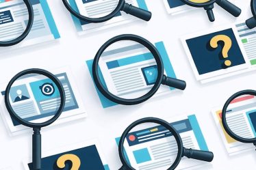 Illustration of a social media feed with magnifying glasses highlighting posts, emphasizing the importance of questioning and verifying digital content before sharing.