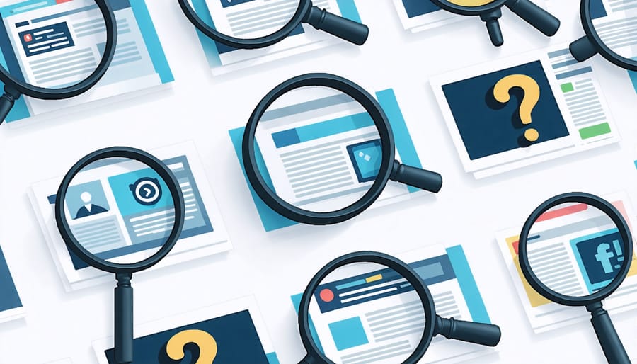 Illustration of a social media feed with magnifying glasses highlighting posts, emphasizing the importance of questioning and verifying digital content before sharing.