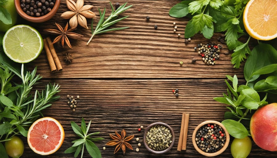Seasonal craft beverage ingredients displayed on wooden table