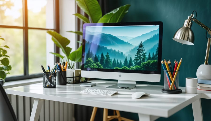 Stylish workspace featuring smart home technology, plants, and wellness accessories