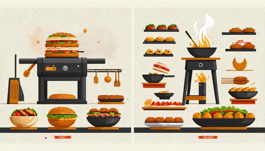 Side-by-side comparison of historical and modern street food preparation techniques