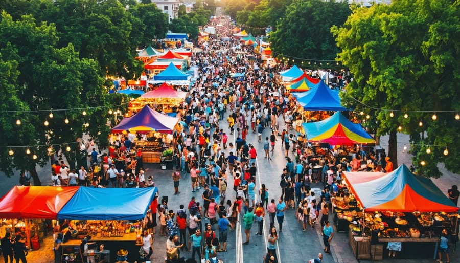 Bustling street food festival from above with illuminated vendor stalls and diverse crowd