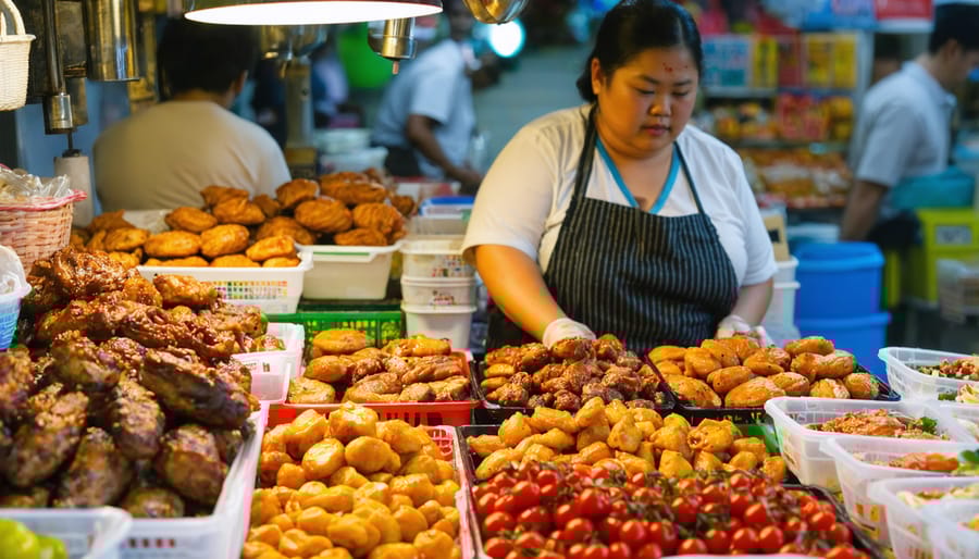 Diverse street food vendors serving customers at a busy night market