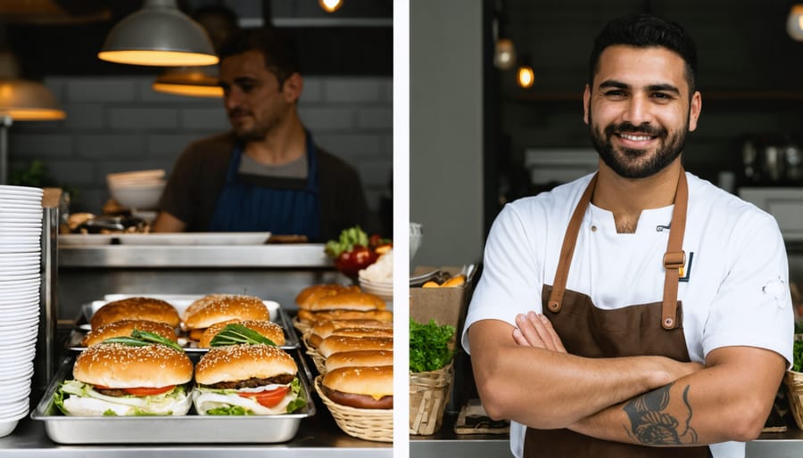 Split image showing same entrepreneur with original food cart and their new restaurant