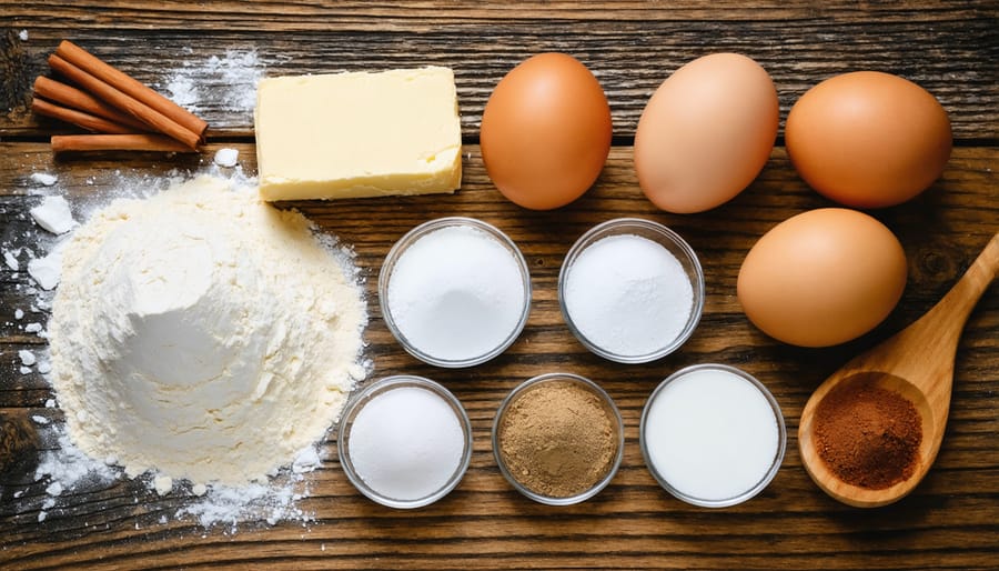 Baking ingredients for sugar cookies arranged on wooden table