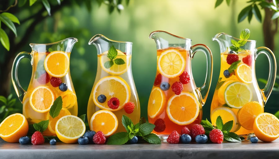 Colorful summer beverage infusions featuring fresh fruits and herbs in elegant glassware