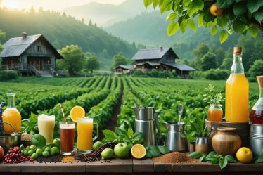 An artisan beverage maker working in a scenic rural setting with an array of fresh, local ingredients and sustainable equipment, representing the eco-conscious approach to crafting beverages.