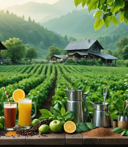 An artisan beverage maker working in a scenic rural setting with an array of fresh, local ingredients and sustainable equipment, representing the eco-conscious approach to crafting beverages.