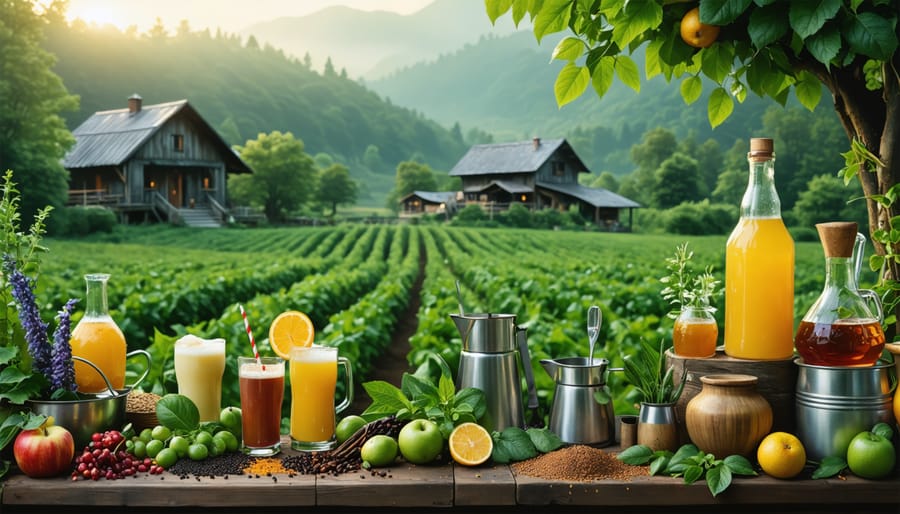 An artisan beverage maker working in a scenic rural setting with an array of fresh, local ingredients and sustainable equipment, representing the eco-conscious approach to crafting beverages.