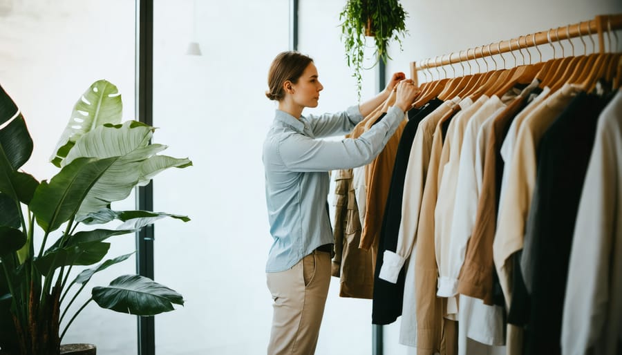 Millennial woman choosing from a capsule wardrobe of sustainable fashion pieces