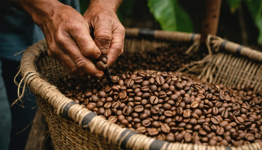 Artisan coffee roaster and farmer inspecting sustainably sourced coffee beans