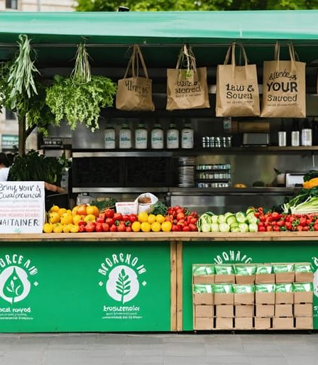 Street food vendor stall promoting eco-friendly practices with fresh produce and biodegradable packaging, highlighting community and sustainability in urban setting.
