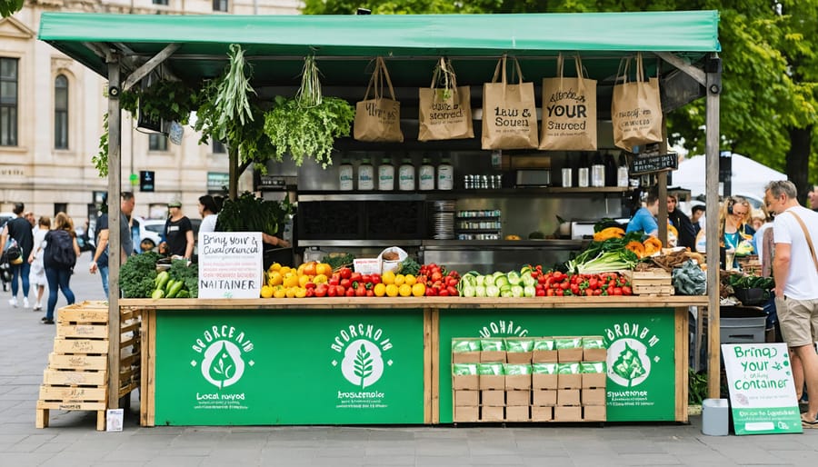Street food vendor stall promoting eco-friendly practices with fresh produce and biodegradable packaging, highlighting community and sustainability in urban setting.