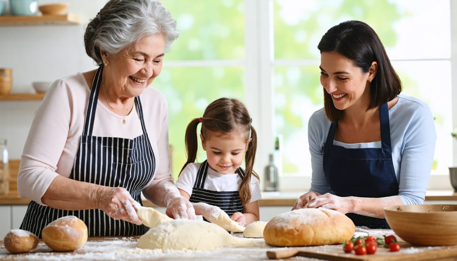 Grandmother, mother, and young daughter working together at a kitchen counter preparing dough