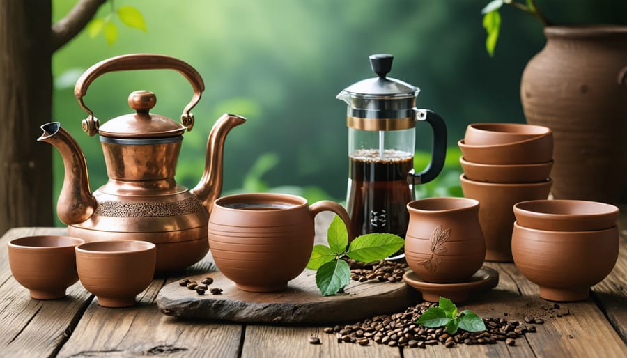 Collection of traditional tea and coffee brewing equipment displayed on wooden table