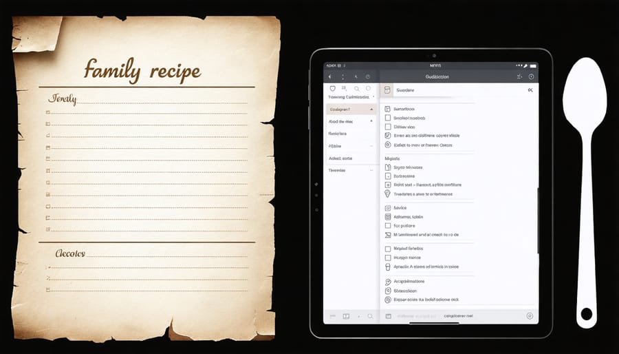 Vintage handwritten recipe card beside modern tablet showing digital recipe interface