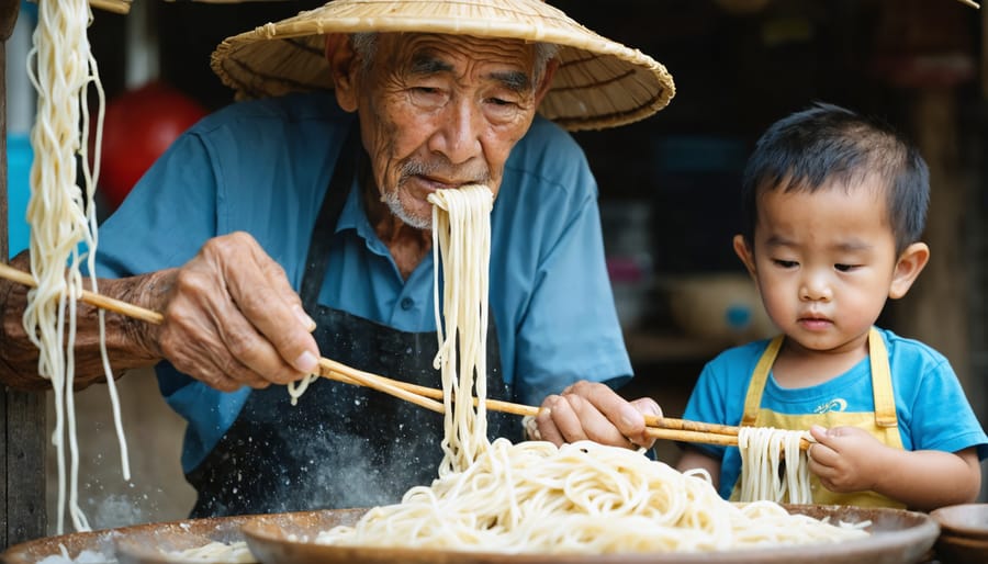 Multi-generational family preparing traditional noodles at food festival stall