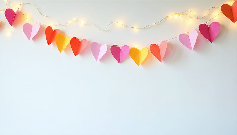 DIY paper heart garland decoration with red, pink, and white hearts hanging against a white wall with soft lighting