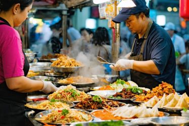 A lively street food market scene with diverse vendors and customers engaged in vibrant exchanges, illustrating the bustling economic activity and cultural diversity fostered by street food vendors.