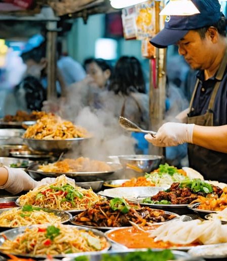 A lively street food market scene with diverse vendors and customers engaged in vibrant exchanges, illustrating the bustling economic activity and cultural diversity fostered by street food vendors.