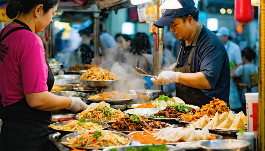A lively street food market scene with diverse vendors and customers engaged in vibrant exchanges, illustrating the bustling economic activity and cultural diversity fostered by street food vendors.