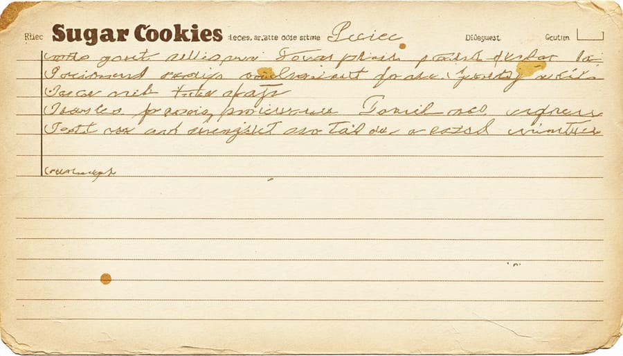 Yellowed recipe card with handwritten sugar cookie recipe from great-grandmother