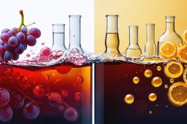 Artistic depiction of wine fermentation showcasing the transformation of grape juice with wild and cultured yeast processes in a vineyard and modern winery setting.