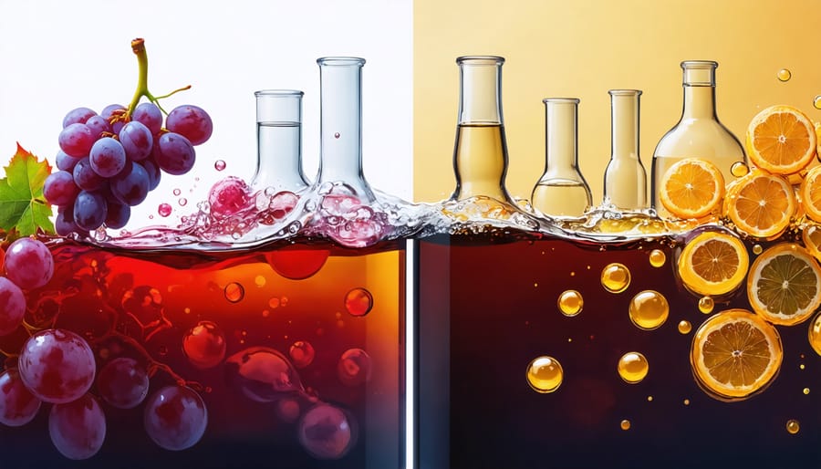 Artistic depiction of wine fermentation showcasing the transformation of grape juice with wild and cultured yeast processes in a vineyard and modern winery setting.