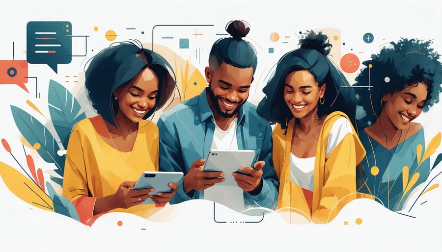 People of different ages and backgrounds interacting positively through video calls and messaging