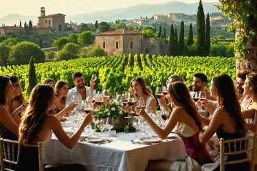 A visual representation of wine's historical and modern cultural impact, featuring a Roman vineyard, a Greek amphora, and a modern dinner gathering with diverse people sharing wine.