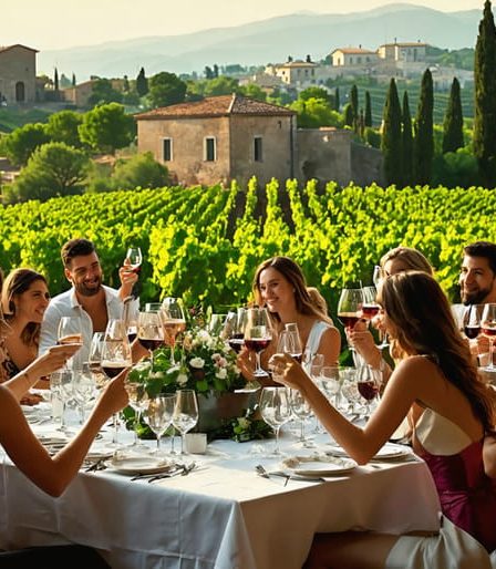 A visual representation of wine's historical and modern cultural impact, featuring a Roman vineyard, a Greek amphora, and a modern dinner gathering with diverse people sharing wine.