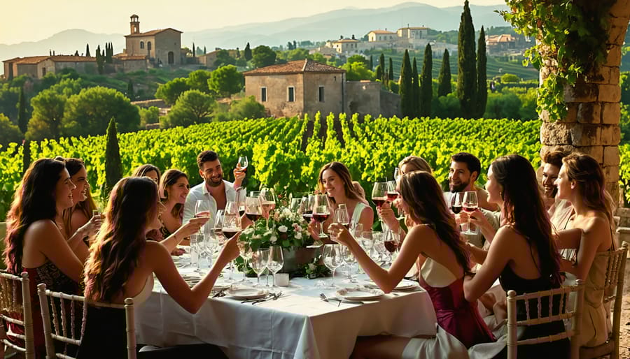 A visual representation of wine's historical and modern cultural impact, featuring a Roman vineyard, a Greek amphora, and a modern dinner gathering with diverse people sharing wine.