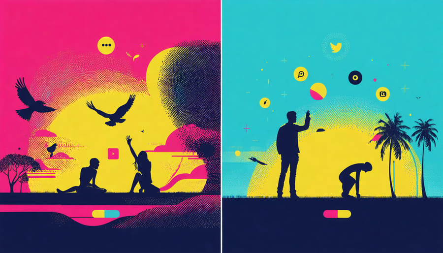 Visual representation of digital-life balance showing online engagement and self-care activities