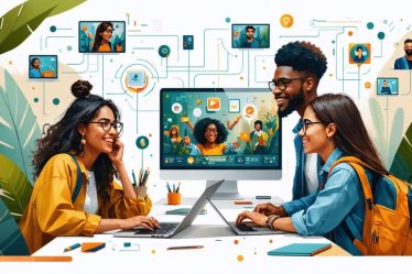 Illustration of diverse people from different backgrounds interacting joyfully through digital devices, symbolizing authentic online connections.