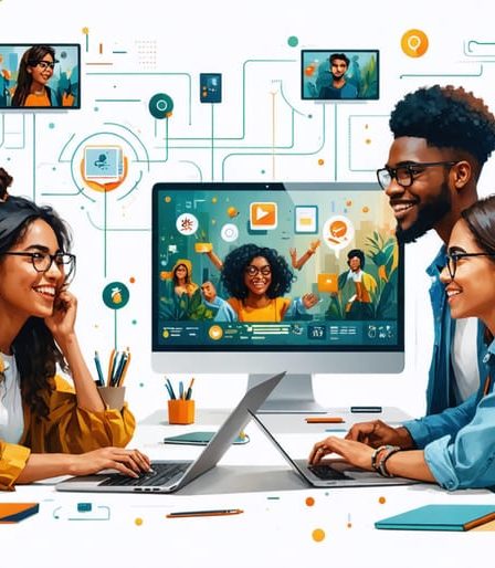 Illustration of diverse people from different backgrounds interacting joyfully through digital devices, symbolizing authentic online connections.