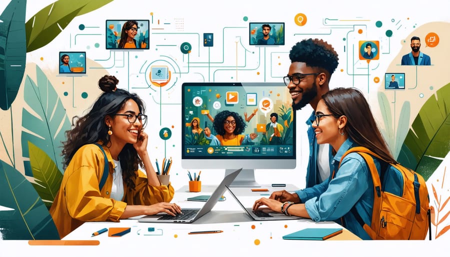 Illustration of diverse people from different backgrounds interacting joyfully through digital devices, symbolizing authentic online connections.