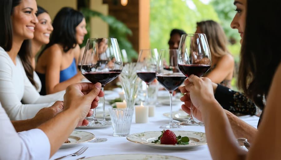 Modern social gathering with friends enjoying wine and food