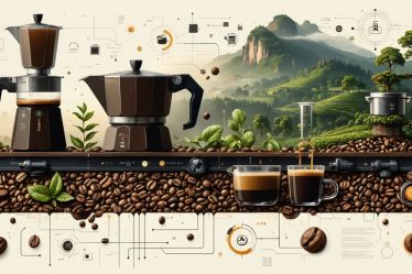 Illustration of modern coffee logistics with smart sensors and AI-driven technology optimizing the journey of cold brew coffee from farm to cup.
