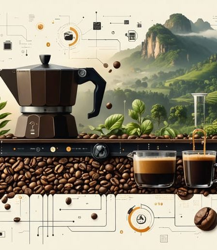 Illustration of modern coffee logistics with smart sensors and AI-driven technology optimizing the journey of cold brew coffee from farm to cup.