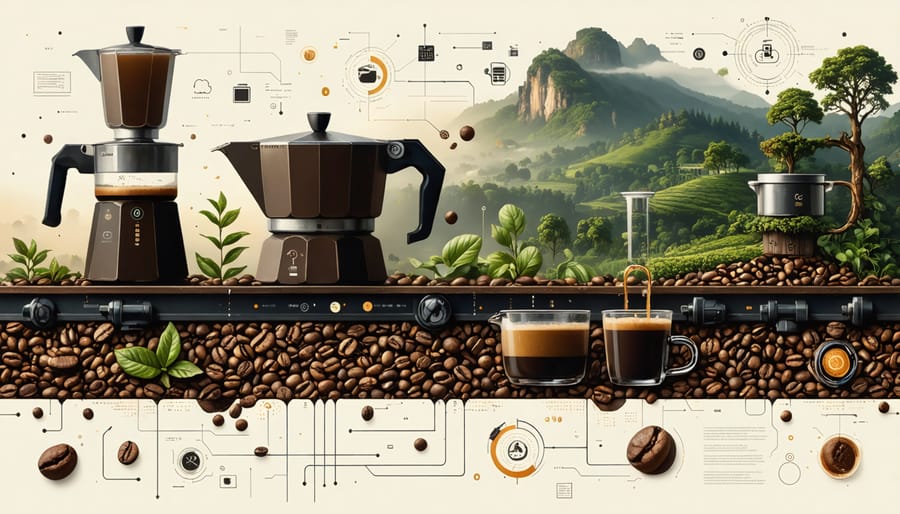 Illustration of modern coffee logistics with smart sensors and AI-driven technology optimizing the journey of cold brew coffee from farm to cup.