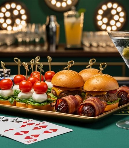 Close-up of a green-felt poker table with cards, stacked chips, a platter of caprese skewers, mini sliders, bacon-wrapped dates, and a martini; a self-serve cocktail station is softly blurred in the background.