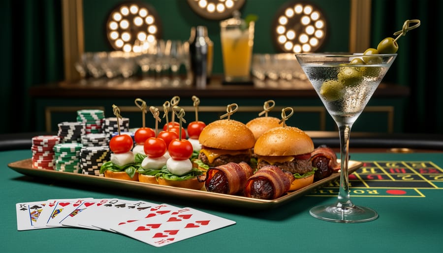 Close-up of a green-felt poker table with cards, stacked chips, a platter of caprese skewers, mini sliders, bacon-wrapped dates, and a martini; a self-serve cocktail station is softly blurred in the background.