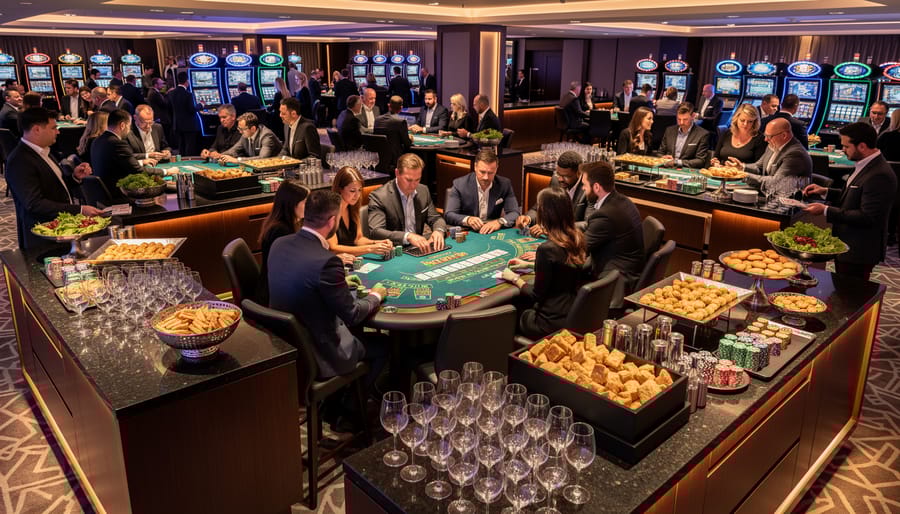 Casino night party setup showing buffet station with appetizers and drinks beside poker table with guests playing