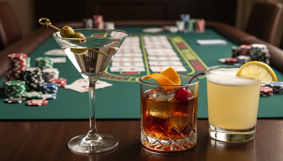 Three classic casino cocktails in elegant glassware on green poker table felt with chips and cards