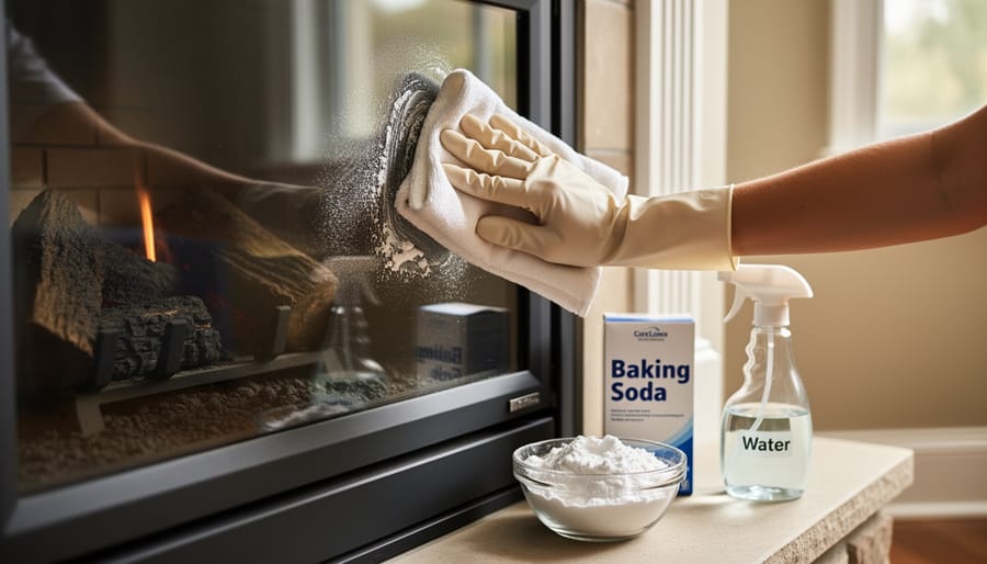 Hand cleaning fireplace glass door with baking soda paste and cloth