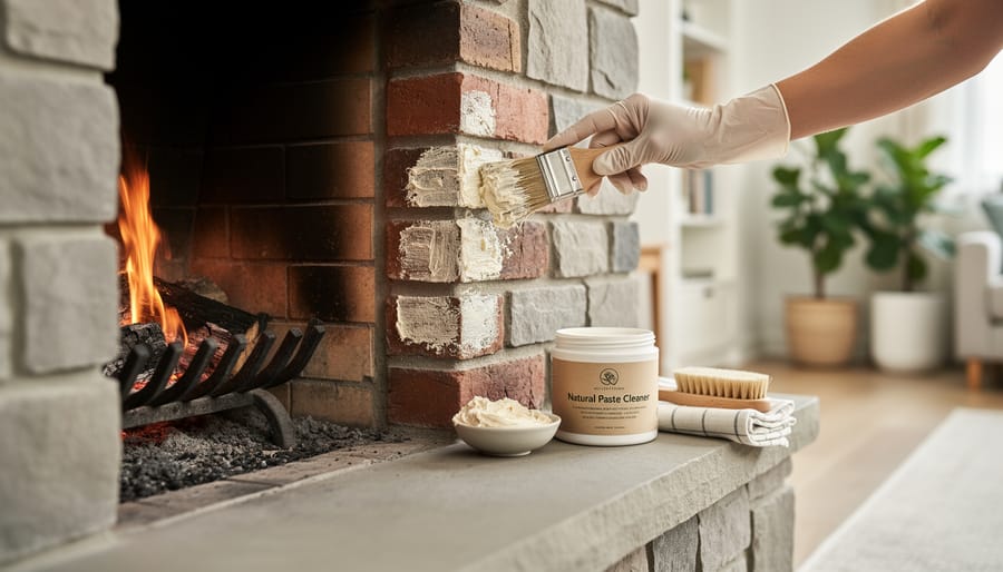 Person scrubbing brick fireplace interior with natural cleaning solution and brush