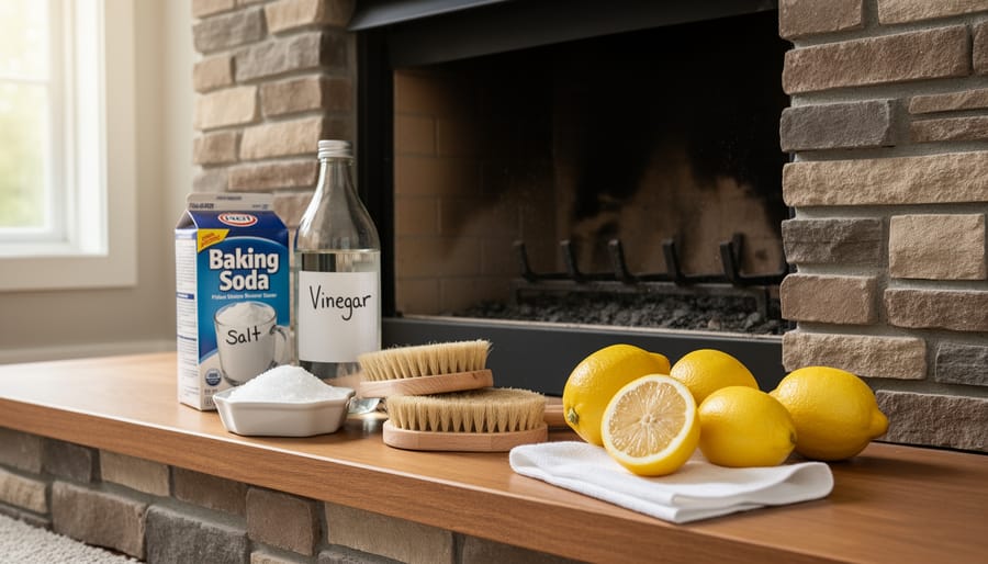 Natural cleaning supplies including baking soda, vinegar, lemon and salt arranged on wooden surface