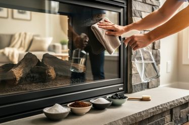 Close-up of hands spraying and wiping glass fireplace doors with a clear unbranded bottle of vinegar solution and a microfiber cloth; bowls of baking soda, coffee grounds, coarse salt, activated charcoal, and an old toothbrush on the hearth; softly lit cozy living room blurred behind; no visible text or logos.